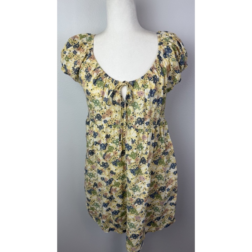 Universal Thread Dress Women XS Yellow Floral Shift Short V-Neck Tasseled